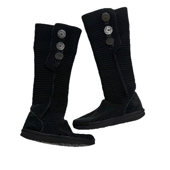 UGG Cardy Black Talk Knit Boots Women’s size 7 Classic Three Buttons Flaw 5819 - Picture 1 of 12